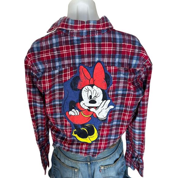 Minnie Mouse Plaid Flannel Shirt SMALL Oversized Cropped Unique Upcycled Disney - Picture 1 of 5
